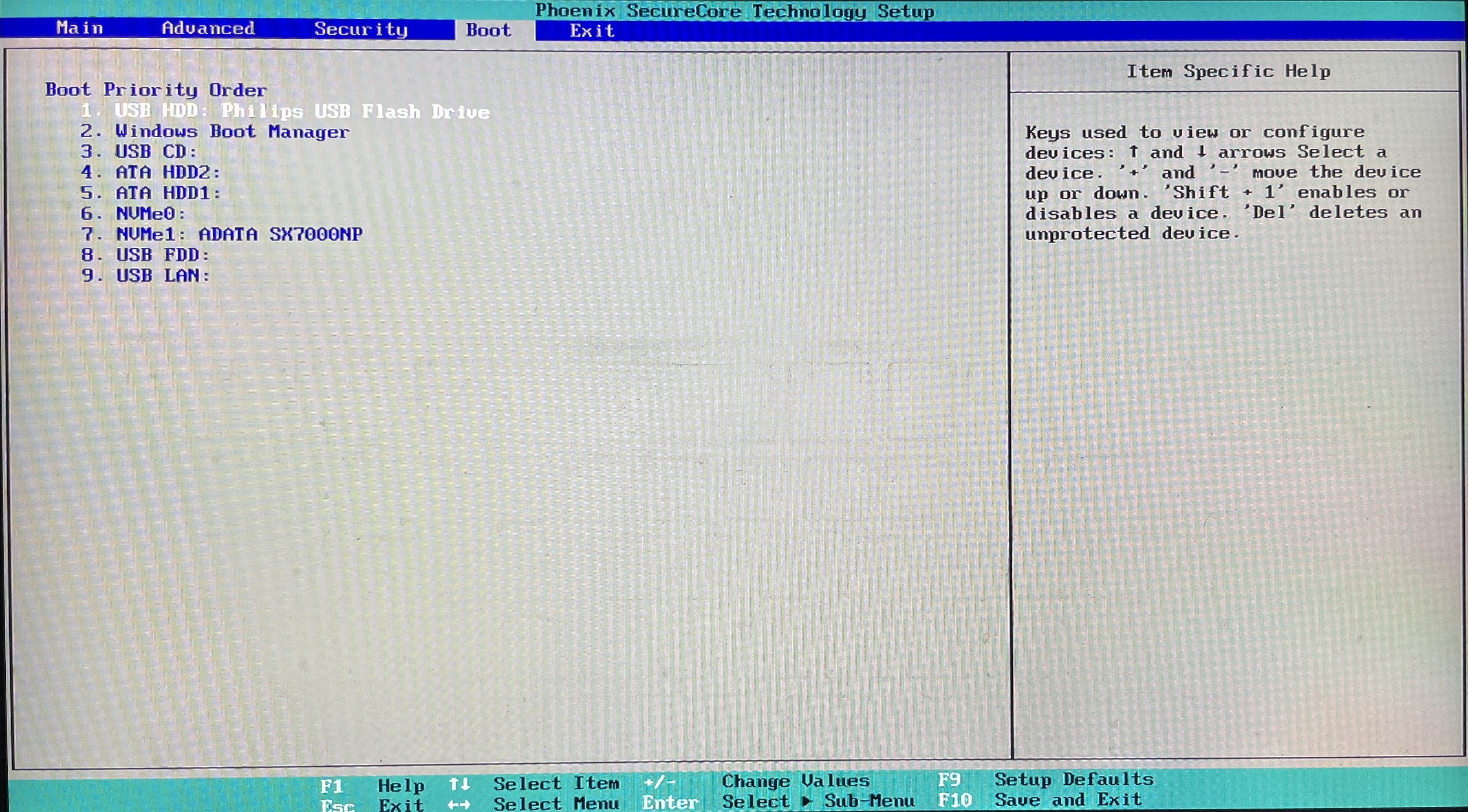 BIOS Boot 메뉴에서 부팅 순서 목록을 보여주는 화면
